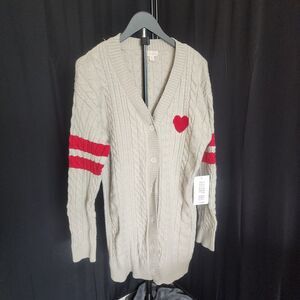 J for Justify Soft Grey & Red Long Line Academy Heart Cardigan Sweater NWT/ Med